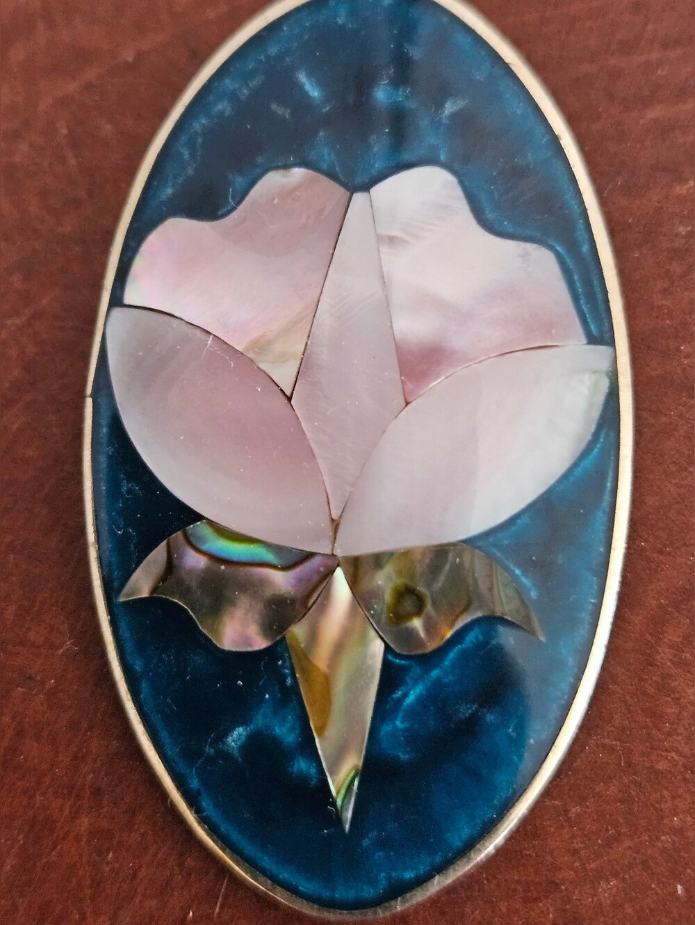 Oval Mother-of-Pearl Floral Inlay Brooch - Blue and Pink Marked Alpaca Mexico